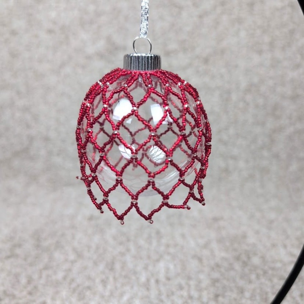 Handmade Red Beaded Clear Plastic Christmas Ornament Festive Holiday Decor‎